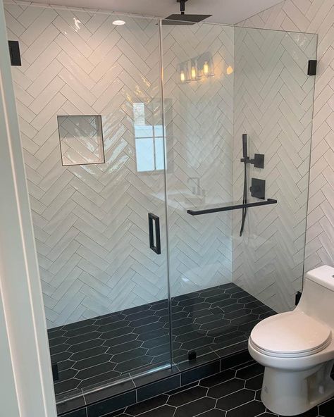 20 Must-See Bathroom Shower Ideas Shower Glass With Black Trim, Black Tile Floor Shower Ideas, Glass Shower Ideas Walk In Master Bath, Walk In Shower Small Bathroom Ideas, Subway Tile Wet Room, 3 X 3 Shower Ideas, White Shower Bathroom Ideas, Shower Floor Remodel, Bathroom Remodel White And Black