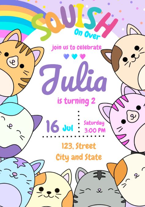 Edite grátis você mesmo usando nosso editor online | Design by Julia Berdugo | Digital Invitation Squishmallow Themed Birthday Invitation

The perfect Squishmallow Themed Birthday Invitation invitation for your event!

Customize your invitation to your liking with our online editor

Our digital $theme invitation is fully customizable. You can change the text, font, colors, and even add photos. It's easy to use and you can create the perfect invitation in minutes using our online editor. Squish Mellows Birthday Party Ideas, Squishmallow Party Invitations, Squishmallow Birthday Party Free Printable, Squishmallows Invitations, Squish Mellow Party Ideas, Squishmallow Themed Birthday Party, Squishmallow Birthday Party Invitation, Squishmallow Birthday Invitation, Sqishmelow Birthday