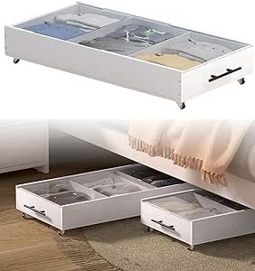 1-Pack Solid Wood Under Bed Storage Drawer with Lids, Wheels, Handles - Divided Underbed Cabinet for Closet - Wooden Crate Organizer for Clothes - Underneath Container Fit for Any Bed Size （White） Crate Organizer, Organizer For Clothes, Underbed Storage Drawers, Underbed Storage, Bed Storage Drawers, Crate Storage, Ceiling Fan In Kitchen, Bed Size, Wood Crates