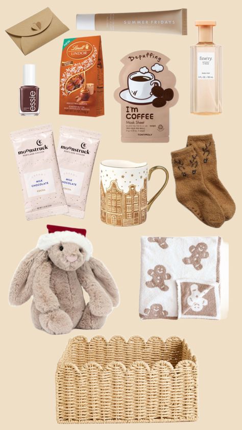 beige girl holiday basket Coffee Mask, Holiday Baskets, Lindt Lindor, Truffle Butter, Girl Holiday, Tony Moly, Homemade Gifts, Essie, Truffles