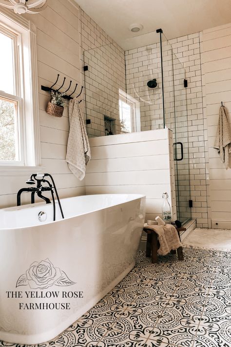 Farmhouse Master Bath Flooring, Master Suite Modern Farmhouse, Hgtv Bathroom Ideas Farmhouse, Master Sweet Additions, Bathroom Remodel Master Farmhouse, Modern Farmhouse Bathroom With Clawfoot Tub, Suit Bathroom Master Bath, Master Farmhouse Bathroom Ideas, Farmhouse Bathrooms Modern