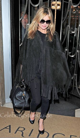 Shop the Street Style Look: Kate Moss's All Black, Fringe Moment at Burberry Latest Kate, Kate Moss Street Style, Awesome Kate, Kate Moss Style, Celebrity Style Guide, Fringe Poncho, Kendall Style, Legging Jeans, Wardrobe Accessories