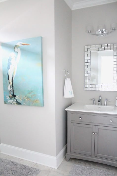 Wall color is Repose Gray Sherwin Williams Grey Painted Bathroom Walls, Light Grey Bathrooms Paint, Light Gray Walls Bathroom, Grey Bathroom Walls Gray Paint, Silver Grey Wall Paint, Bathroom Light Grey Walls, Bathroom With Light Gray Walls, Coastal Grey Bathroom, Gray Vanity Bathroom Paint Colors Wall