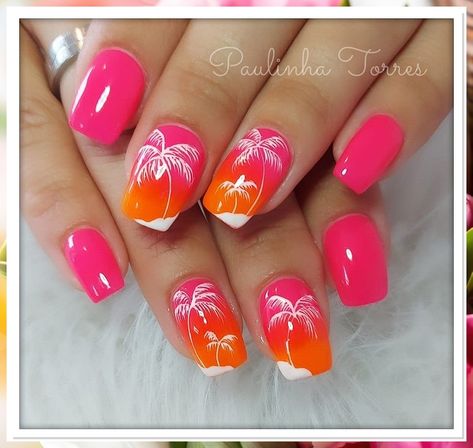 Looking for some nail inspo for your next vacation? Look no further! These stunning coffin nails are perfect for any getaway. From vibrant tropical designs to chic neutral tones, these vacation nails will take your look to the next level. Get ready to show off your stylish manicure on your next trip! Tropical Nail Art Designs, Beach Nails Orange And Pink, Island Holiday Nails, Luau Nails Hawaiian, Luau Nails Designs, Hawaii Theme Nails, Pedicure Ideas Summer Beach, Hawaiian Nail Ideas, Tropical Nail Art The Beach