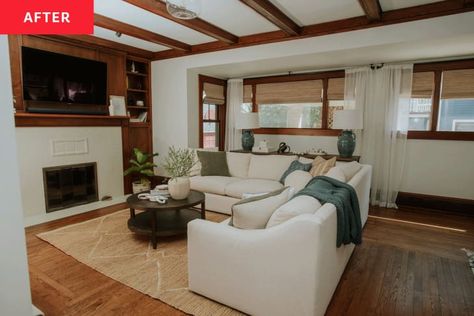 Family Room Wood Paneling, Wood Floors Before And After, Cozy Wood Panel Den, Paint Oak Trim White Before And After, Family Room Lighting Brown Wood And Gold, Contrasting Wood Floors Between Rooms, Long Horizontal Windows, Horizontal Windows, White Cabin