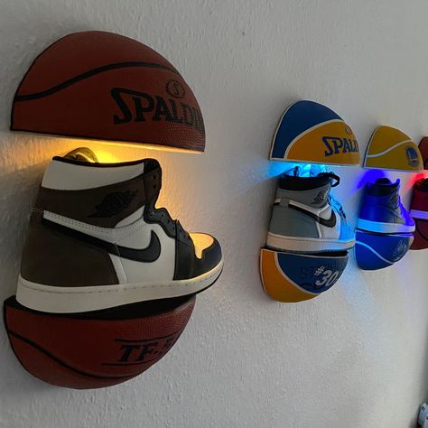 Illuminated Basketball Shelves Shoe Rack NBA Sneakers | Etsy Light Up Shoe Rack, Cool Shoe Rack Ideas, Basketball Led Light, Nike Room Decor Ideas, Floor Shelves In Bedroom, Sneaker Head Decor, Basketball Aesthetic Room, Cool Etsy Finds, Boys Basketball Bedroom Ideas