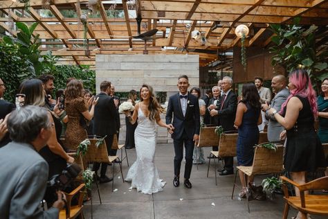 couple walking down the aisle after their ceremony Wedding Venues Affordable, Los Angeles Wedding Venues, Wedding Venue Los Angeles, Eclectic Wedding, Rooftop Wedding, Los Angeles Wedding, Wedding Los Angeles, Downtown Los Angeles, Budget Wedding