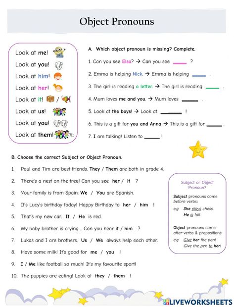 Subject and object pronouns online worksheet for beginner. You can do the exercises online or download the worksheet as pdf. Object And Subject Pronouns, Subjective Pronouns Worksheet, Pronouns Worksheet For Grade 5, Subject And Object Pronouns Activities, Subject And Object Worksheet, Subject Pronoun Worksheet, Object Pronouns Worksheets For Kids, Subject Pronouns Worksheet Grade 1, Objective Pronouns Worksheet