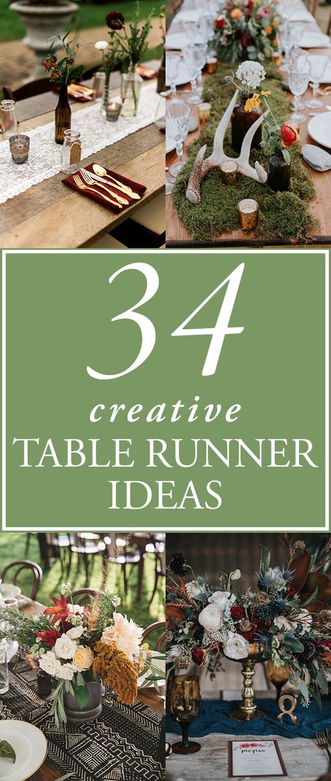 creative table runner ideas Boho Long Table Decor, Moss Runner Table, Creative Table Runner Ideas, Farmtable Tablescape Wedding, Cheap Table Runner Ideas, Long Table Wedding Centerpieces, Floral Table Runners Wedding, Wedding Table Runner Ideas, Long Table Decorations