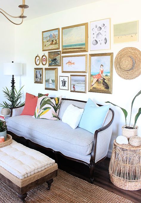 This cottage coastal style is perfect for any summer bedroom, even if you don't live near the beach! See my tips for getting this beachy look for your own bedroom! Vintage Coastal Living Room, Boho Beach Cottage Style, Artsy Beach House, Coastal Gallery Wall Living Room, Coastal Vintage Style, Beach Cottage Bedrooms Coastal Style, Vintage Beach Apartment, Boho Beach Cottage, Vintage Costal Decor