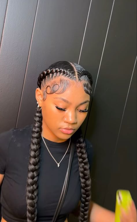 2 Cornwors Hairstyle Black Women, Two Feed In Braids With Designs, Braided Hairstyles With Real Hair, 2 Stick Braids, Two Fish Tail Braid Hairstyles, 2 Cornrow Braids With Curls, Fish Braids For Black Hair, French Braids With Edges, Quick Teen Hairstyles Black