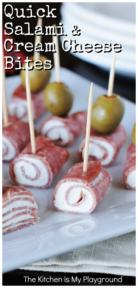 Quick Salami & Cream Cheese Bites ~ A super EASY classic party crowd-pleaser you can whip up in minutes! #partyfood #gameday #salami #salamibites www.thekitchenismyplayground.com Salami Appetizers, Carnivore Appetizers, Salami And Cream Cheese, Salami Cream Cheese, Salami Appetizer, Cream Cheese Bites, The Kitchen Is My Playground, Cream Cheese Roll Up, Party Crowd