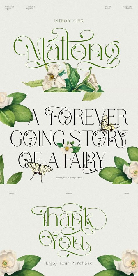 Mallong Typeface - Elegance and Naturalness Font Cottagecore Typography, Plant Lettering, Natural Fonts, Galaxy Moodboard, Nature Fonts, Botanical Font, Floral Fonts, Illustrated Novel, Garden Font