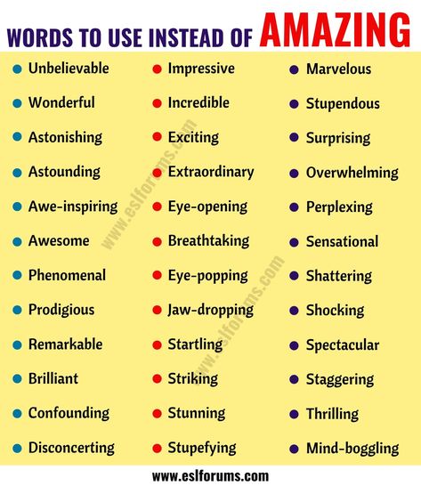 AMAZING Synonym: List of 36 Synonyms for Amazing with Examples - ESL Forums List Of Synonyms, Describing Words, Other Ways To Say, Essay Writing Skills, Descriptive Words, Good Vocabulary Words, Good Vocabulary, English Writing Skills, Words To Use