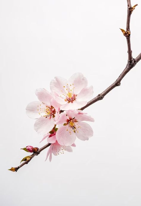 Premium Photo | Single cherry blossom flower branch on white background Cherry Blossom Branch Photography, Sakura Pictures, Cherry Blossom Png, White Floral Background, Cherry Blossom Photo, Cherry Blossom Images, Flowers Cherry Blossom, Cherry Blossom Pictures, Sakura Branch