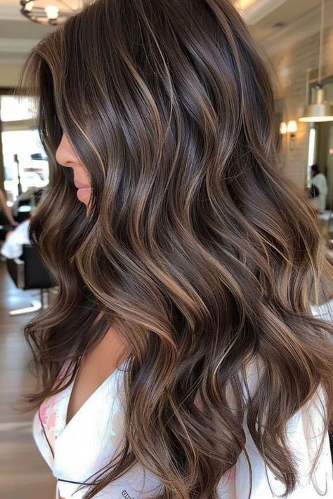 Dark Brown Shades Of Hair, Natural Brown Highlights Brunettes, Hair Color Balayage Brown, Natural Balayage On Dark Hair, Chocolate Brown Hair With Brown Highlights, Brunette Hair Dark Highlights, Colors That Go With Brown Hair, Light Streaks In Brown Hair, Dark Brown Hair And Highlights