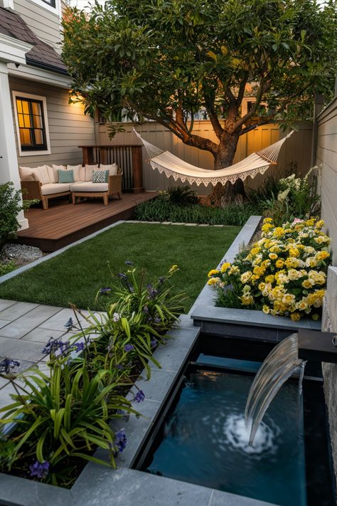 A cozy backyard with a hammock, a wooden deck, a seating area, a small grass lawn, a fountain, and vibrant yellow flowers. Small Outdoor Garden Ideas Backyards, Small Rectangular Backyard Ideas, Small Backyard Renovations, Small Cozy Backyard Ideas, Small Cozy Backyard, Beautiful Back Yards, Small Backyard Ideas On A Budget, Small Backyard Decor Ideas, Small Backyard Decorating Ideas