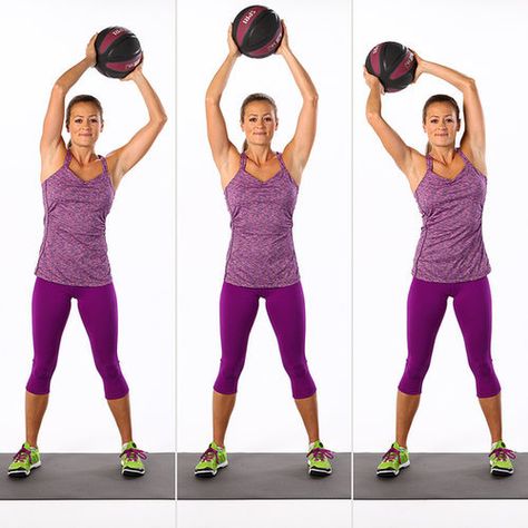 Stand with your feet hip-width distance apart with a slight bend in your knees. Keeping your spine in neutral, lift a five- to eight-pound medicine ball overhead. Begin to circle the ball to the right, in the largest circles you can make, while maintaining a still and stable torso. Circle eight times to the right; then repeat, circling eight times to the left. This completes one set.  Source: POPSUGAR Studios Hummus Wrap, Workout Man, Medicine Ball Workout, Standing Ab Exercises, Kettlebell Workouts, Standing Abs, Boho Mode, Best Abs, Popsugar Fitness