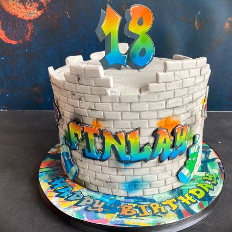 Fondant brick and pavement decoration and edible print writing Graffiti Cake Ideas, Graffiti Cake, Ironman Cake, Digger Cake, Spiderman Birthday Cake, 5th Birthday Cake, Cake Templates, Edible Printing, Spiderman Cake