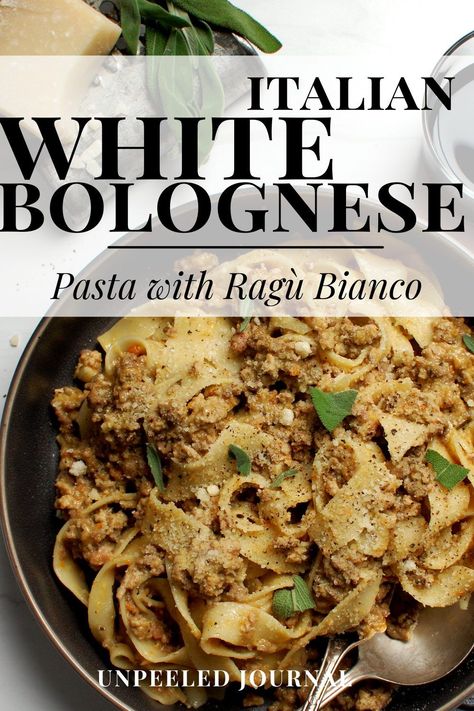 Ragù Bianco (White Bolognese Sauce) Pappardelle With White Bolognese, How To Make Authentic Italian Pasta, Authentic Pasta Recipes Italy, Creamy Pappardelle Recipes, Simple Italian Pasta Recipes, White Bolognese Sauce, Rustic Pasta Recipes, Authentic Italian Pasta Dishes, Chicken Ragu Recipes