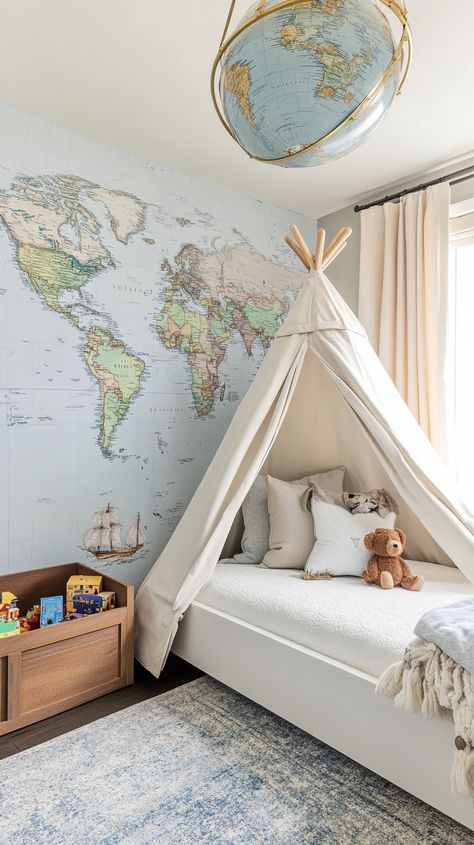 Embark on adventures in this Sagittarius-inspired kid's room! 🌍✨ Explore a world map mural, sleep under the stars with a cozy tent bed, and light up curiosity with globe fixtures. 🏕️ Organize travel treasures with stylish, wanderlust-filled toy storage. 🌟 perfect for your little explorer! World Map Bedroom, Explorer Bedroom, Travel Themed Bedroom, Cozy Tent, Map Mural, Adventure Room, World Map Mural, Sleep Under The Stars, Travel Bedroom