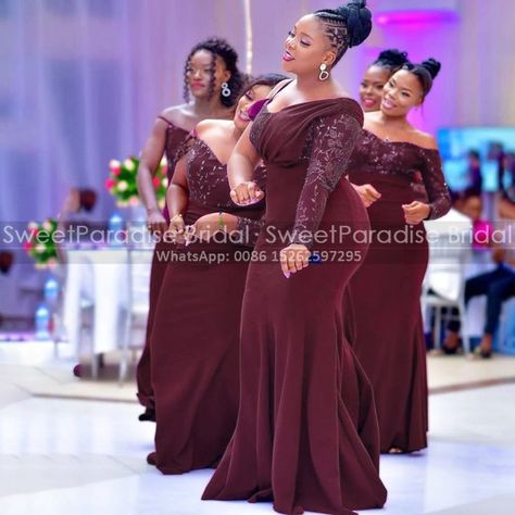 Burgundy Appliques Mermaid Bridesmaid Dresses With One Long Sleeves Spaghetti Off Shoulder Women Maid Of Honor Dress Party Maid Of Honor Dress Different Unique, Maid Of Honor Dress With Sleeves, Ladies Bridesmaid Dresses, Bride Of Honor Dresses, Wedding Dresses Burgundy, Maid Of Honor Dresses Different, Wedding Dresses Maid Of Honor, Long Sleeved Bridesmaid Dress, Wedding Maids Dress Designs