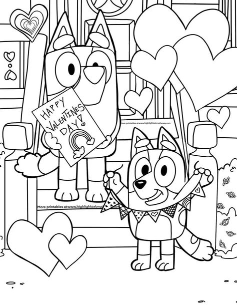 Bluey Valentine's Day Coloring Page Free Printable Bluey Valentines, Cute Thing To Print, Bluey Valentines Coloring Pages, Coloring Pages For Valentine's Day, Disney Valentines Coloring Pages, Valentine’s Preschool Activities, Valentines Coloring Sheets For Kids, Valentine Coloring Pages Free Printables For Kids, Kids Valentines Coloring Pages