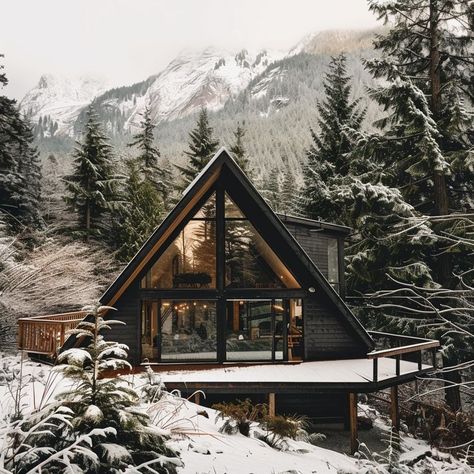 Modern cabin surrounded by snowy mountains and pine forests, ideal for a winter retreat. Snow Cabin Aesthetic, Modern Winter Cabin, Cabins In The Snow, Bloxburg Cabin, Snowy Cabin In The Woods, Large Glass Windows, Rustic Houses, Snow Cabin, Winter Lodge