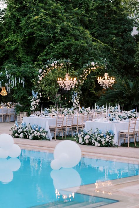 Corfu Wedding Poolside Pool Side Wedding Ceremony, Wedding Reception Poolside, Pool Side Engagement Decor, Pool Backyard Wedding, Pool Decoration For Wedding, Poolside Wedding Decor, Pool Decor Wedding, Wedding By Pool, Backyard Wedding With Pool