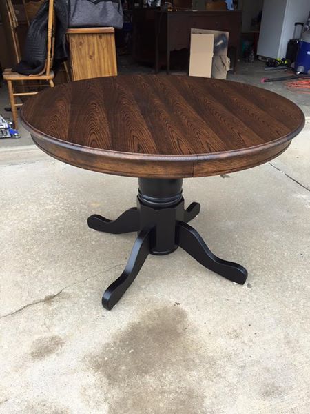 Wood Table Black Base, Stained Table With Black Chairs, Table With Stained Top And Painted Base, Circle Kitchen Table Black, Diy Black Table Makeover, Black And Cherry Dining Table, Black And Stained Table, Dark Stained Dining Table, Dark Stain Dining Table