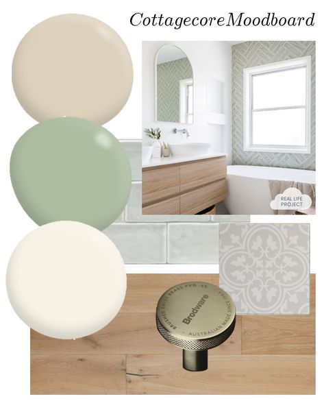 moodboard with sage green, beige and white paint colours, timber floor with knots and sage green wall tiles in herringbone pattern Green Natural Bathroom Ideas, Green Beige Bathroom Ideas, Grey And Sage Bathroom Ideas, Sage Green And Neutral Bathroom, Pale Green Tile Bathroom, Sage Green Spa Bathroom, Sage Green Small Bathroom Ideas, Green And Stone Bathroom, Sage Green Shower Room