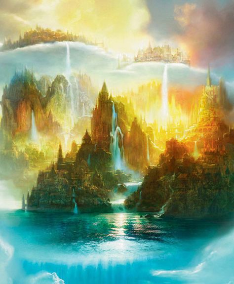 Mount Celestia, World Tree, Sky Home, Astral Plane, Mount Olympus, Forgotten Realms, Fantasy Places, Watch Tower, Fantasy Art Landscapes