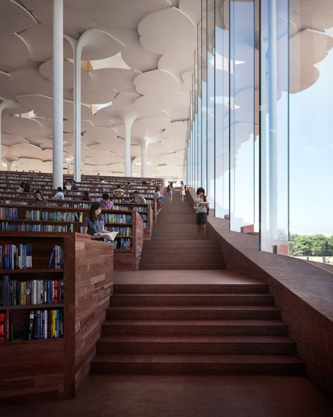 Gallery of Snøhetta Designs a "Forest of Knowledge" Library in Beijing - 3 Sitting Stairs, Qatar National Library, Futuristic Library, Glass Library, Line Illusion, Building Columns, Norwegian Architecture, Beijing City, Future Library