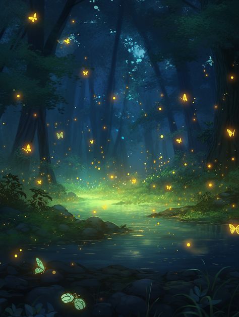 Magical Lake Art, Fantasy Forest At Night, Night Forest Drawing, Anime Forest Background, Night Forest Painting, Anime Forest, Fantasy Backgrounds, Forest Drawing, Fantasy Background