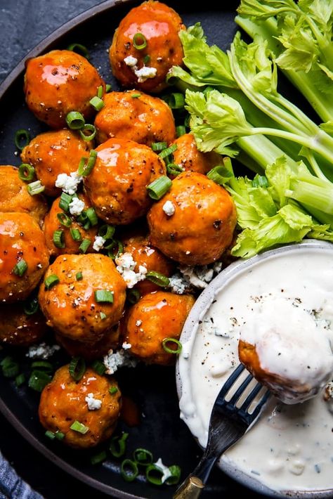 Appetizer Photography, Buffalo Meatballs, Buffalo Chicken Meatballs, Chicken Meatball, Chicken Meatball Recipes, Moist Chicken, Best Meatballs, Buffalo Chicken Wings, Fresh Spices