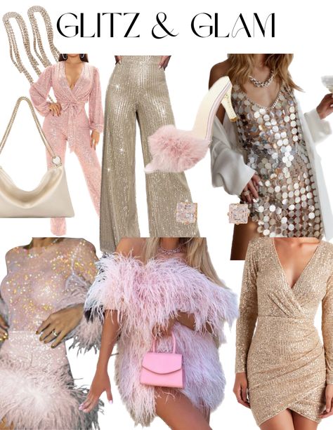 Glitz and Glame Theme for Bachelorette Party! Glitz And Glam Bachelorette Party Ideas, Bridesmaid Bachelorette Party, Bachelorette Glitz And Glam Theme, Metallic Bachelorette Party Outfit, Sequins And Sparkles Bachelorette, Feathers And Sparkles Bachelorette, Golden Gals Bachelorette, Bachelorette Party Theme Night Ideas, Sparkles Bachelorette Party