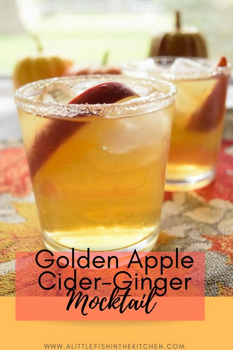 This alcohol-free,  sparkling beverage has a gorgeous golden color and so much flavor that you'll never miss the booze! #mocktail #mocktailrecipe #applecider #gingerale #gingerbeer #fall #fallflavors #cocktails #entertaining #dkrinks #cocktailhour Golden Apple Punch, Gingerale Punch Non Alcoholic, Mocktails Gingerale, Gingerale Mocktail Recipes, Gingerbeer Mocktail, Gingerale Punch, Fall Mocktail Non Alcoholic, Amazing Food Recipes, Alcohol Free Drinks