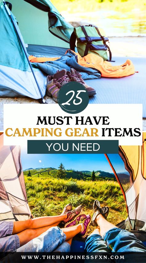 25 MUST HAVE Camping Gear Items You Needq Must Have Camping Supplies, Campsite Setup Ideas, Tent Camping Must Haves, Camping Essentials For Women, Tent Camping Essentials, Zelt Camping Hacks, Diy Camping Gear, Camping Gear Trailer, Camping Gear Organization