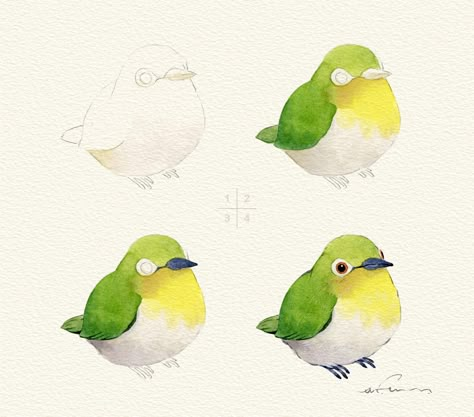 Green Bird Drawing, Watercolor Painting Ideas Easy, Blue Green House, Watercolour Bird, Hawaii Sunset, Fruits Drawing, Animal Watercolor, Step By Step Watercolor, Summer Funny