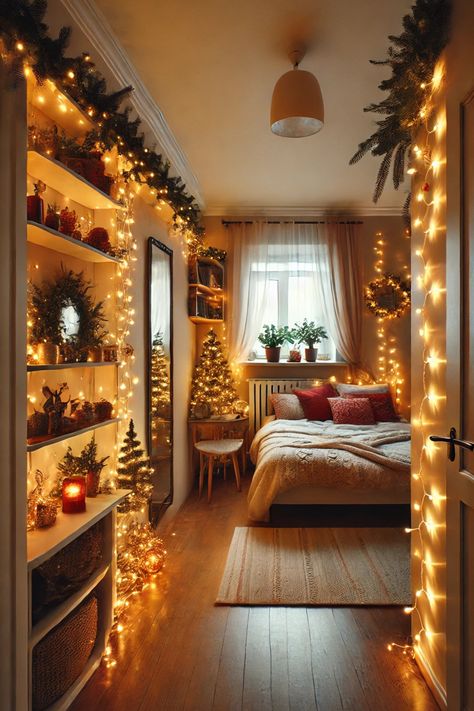 Transform your small apartment into a magical holiday retreat with these festive decor ideas! From twinkling lights to charming mini trees, this cozy setup brings the Christmas spirit without taking up much space. Check out the blog post for 17 beautiful decor ideas to make the most of every nook and cranny! Christmas Decor Ideas For Apartments Small Spaces, Small Bedroom Christmas Decor Ideas, Christmas Mini Tree Decor Ideas, Small Studio Apartment Christmas Decor, Christmas Decoration For Small Apartment, Christmas Small Space, Indoor Christmas Decorations Apartment, Cottage Small Apartment Christmas Decor Ideas, Christmas Tree Small Apartment