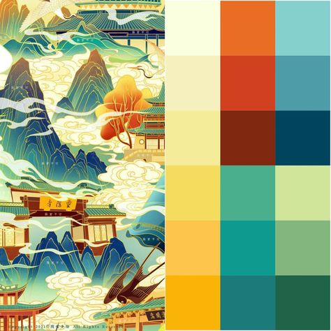 Mulan Color Pallete, Japanese Art Color Palette, Landscape Colour Palette, Asian Colour Palette, China Color Palette, Lunar New Year Color Palette, Limited Color Palette Art, Korean Color Palette, Asian Color Palette