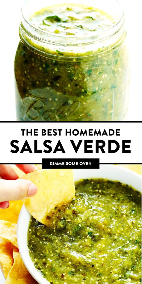 The BEST Salsa Verde recipe!! It's easy to make with roasted tomatillo, cilantro, onion, garlic, lime juice, and cumin...it only takes about 20 minutes to make...and it's the perfect appetizer with chips or accompaniment to your favorite Mexican food! | gimmesomeoven.com (Gluten-Free / Vegan / Vegetarian) Cilantro Salsa Verde, Salsa Recipe Tomatillo, Best Verde Salsa, Recipes That Use Tomatillos, Mexican Tomatillo Salsa, Salsa Recipe Verde, Tomatillo Recipes Vegan, Things To Make With Tomatillos, Fresh Tomatillo Salsa