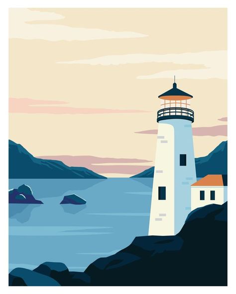 Lighthouse in ocean. Landscape background Vector illustration of mountains and lighthouse. Lighthouse Digital Art, Ocean Vector Art, Lighthouse Vector Illustration, Landscape Vector Art, Lighthouse Graphic Design, Vector Illustration Design Graphics, Illustration Styles Inspiration, Living Room Skylight, Lighthouse Mural