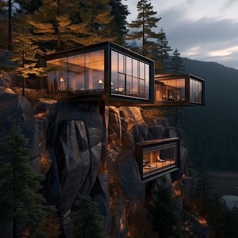 House Overlooking Mountain, Houses On Mountains Slope, Luxury House In Woods, Mountain Glass House, House Carved Into Mountain, Mansions In The Mountains, House In Side Of Mountain, Mountain Side Mansion, House Exterior Mountain