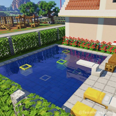 Minecraft Rooms Bedrooms In Game, Flowers Around House, Minecraft Pools, Minecraft Yard Ideas, Minecraft Pool Ideas, Minecraft Pool, Minecraft Flowers, Rumah Minecraft Sederhana, Minecraft Interior