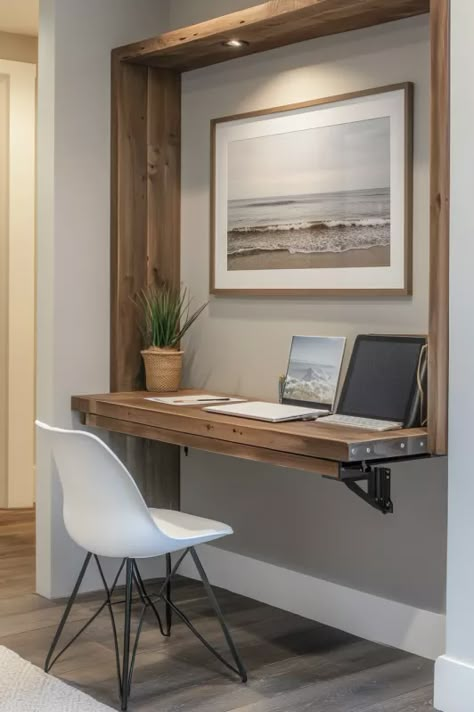 Wall Mounted Folding Table Desk On Wall Space Saving, Murphy Wall Desk, Hinged Desk On Wall, Office Wall Shelf Ideas Desk Space, Folding Desk Wall, Murphy Desk Ideas, Wall Desk Folding, Fold Up Desk On Wall, Home Office Floating Desk