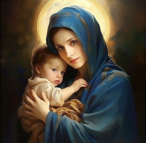 This enchanting artwork invites you to contemplate the profound love and sacred connection shared between a mother and her child, evoking a sense of awe and reverence that transcends time. It captures the bond between the Virgin Mary and the baby Jesus. Baby Jesus Printable, Mother Mary And Baby Jesus, Jesus Printable, Mother Mary Pictures, Mary Images, Mary And Baby Jesus, Virgin Mary Art, Mother Mary Images, Catholic Pictures