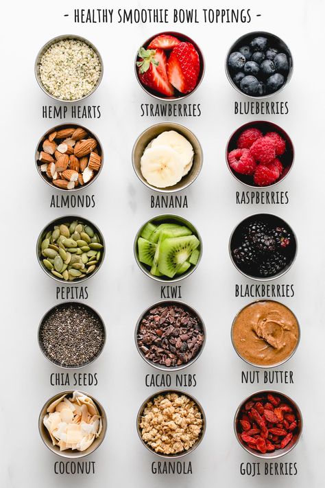 Toppings For Smoothie Bowls, Smoothie Bowl Toppings Ideas, Smoothie Toppings, Smoothie Bowl Recipe Easy Healthy, Acai Bowl Recipes Healthy, Healthy Fruit Bowl, Fruit Bowl Recipe, Acai Bowl Toppings, Healthy Smoothie Bowl Recipes