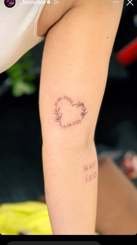 Tattoos For Moms With 2 Daughters, Small Birth Date Tattoos For Women, Heart With Year Tattoo, Mom Of Both Tattoos, Small Wedding Date Tattoo, Initial Memorial Tattoo, 2 Dates Tattoo, Small Tattoo For Parents, Tattoo Ideas For Two Kids