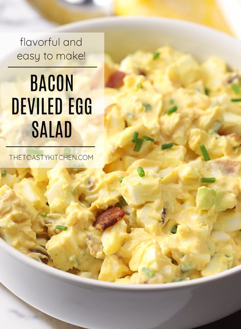 Bacon Deviled Egg Salad recipe - The Toasty Kitchen #eggsalad #deviledegg #bacon #deviledeggsalad #homemade #recipe #lunchrecipe #mealprep Egg Salad Recipe With Bacon, Deviled Eggs With Bacon, Bacon Egg Salad, Deviled Egg Potato Salad, Egg Salad Recipe Easy, Salad Recipes With Bacon, Eggs With Bacon, Egg Sauce, Deviled Egg Salad